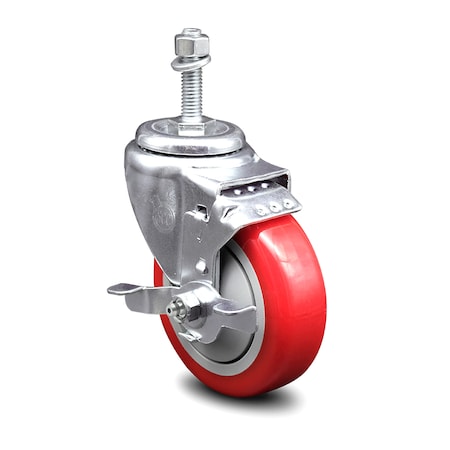 Service Caster 4 Inch Red Polyurethane Wheel Swivel 3/8 Inch Threaded Stem Caster with Brake SCC-TS20S414-PPUB-RED-TLB-381615